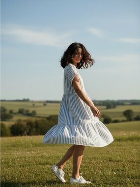 Blue and White Striped Midi Dress with Tiered Skirt